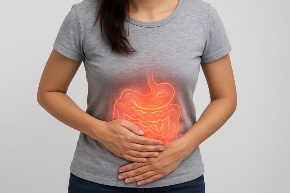 Woman holding stomach with glowing gut overlay showing stress patterns