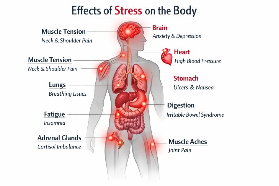 Visual representation of stress affecting the human body with highlighted organs and tension points