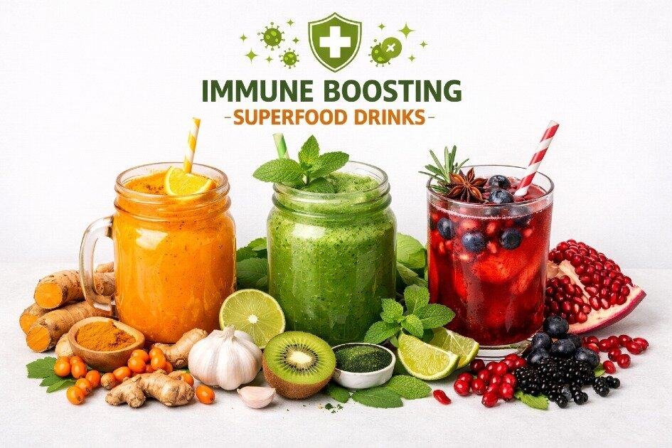Immune-boosting superfood beverages with fruits, herbs, and antioxidants