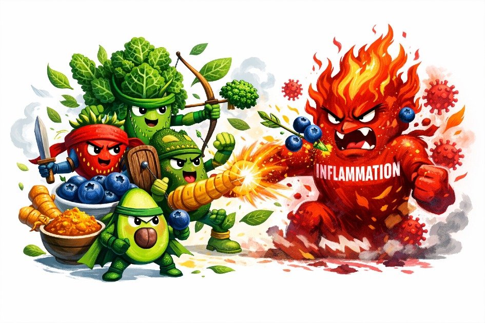 Colorful superfoods like berries, turmeric, and leafy greens fighting chronic inflammation naturally