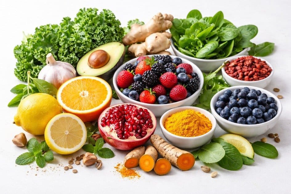 Colorful superfoods like berries, leafy greens, turmeric, and citrus that support immune system health.