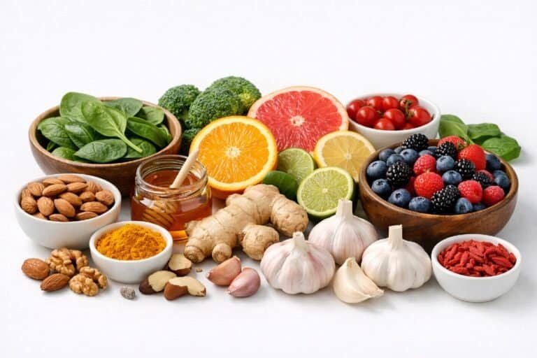 Colorful immune-boosting superfoods like berries, citrus fruits, leafy greens, garlic, and nuts arranged on a clean surface
