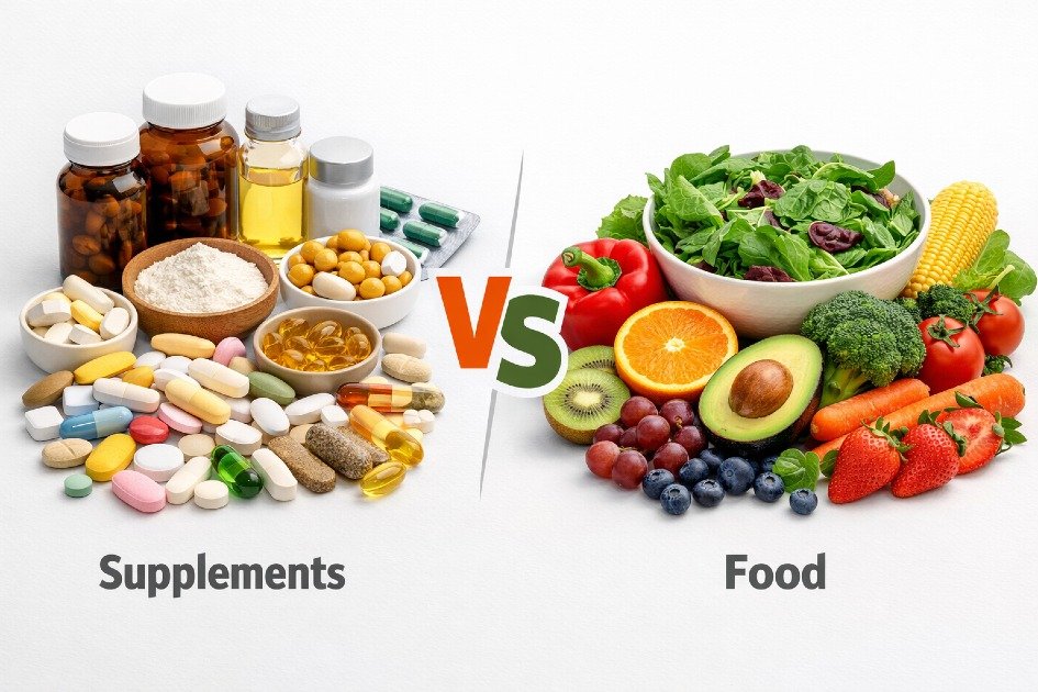 Assorted vitamin and mineral supplements beside fresh fruits and vegetables showing food versus supplements debate