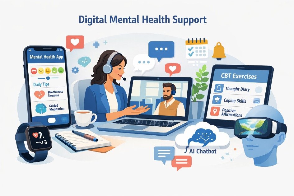 Digital tools enhancing mental health support through apps and online therapy