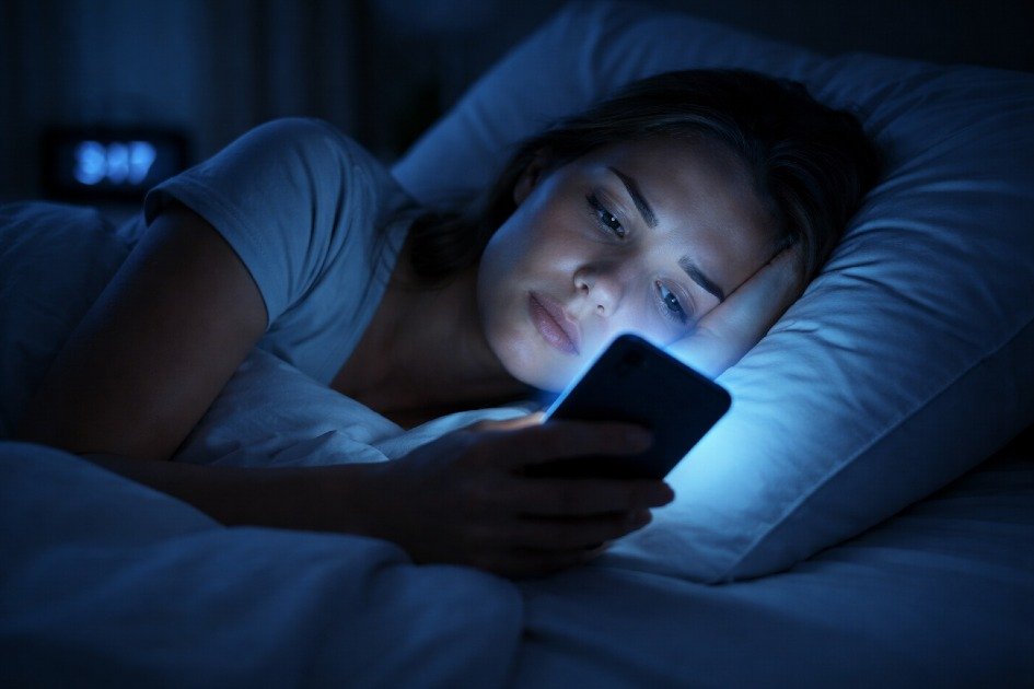Blue light from a smartphone disrupting sleep in a dark bedroom