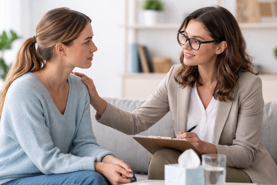 Professional therapist guiding a client through supportive mental health therapy session
