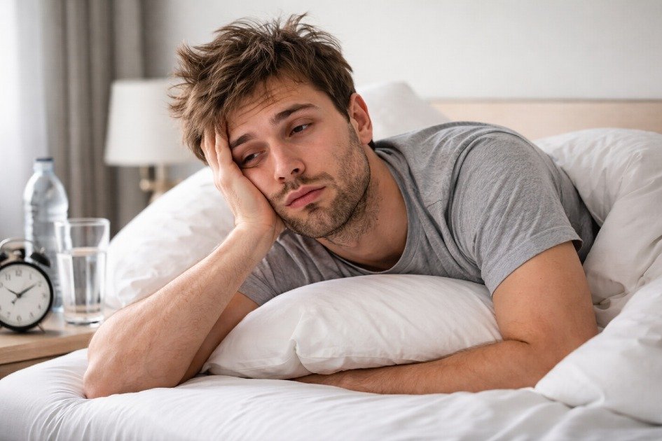 Person lying awake in bed after long sleep, feeling exhausted and unrefreshed in the morning