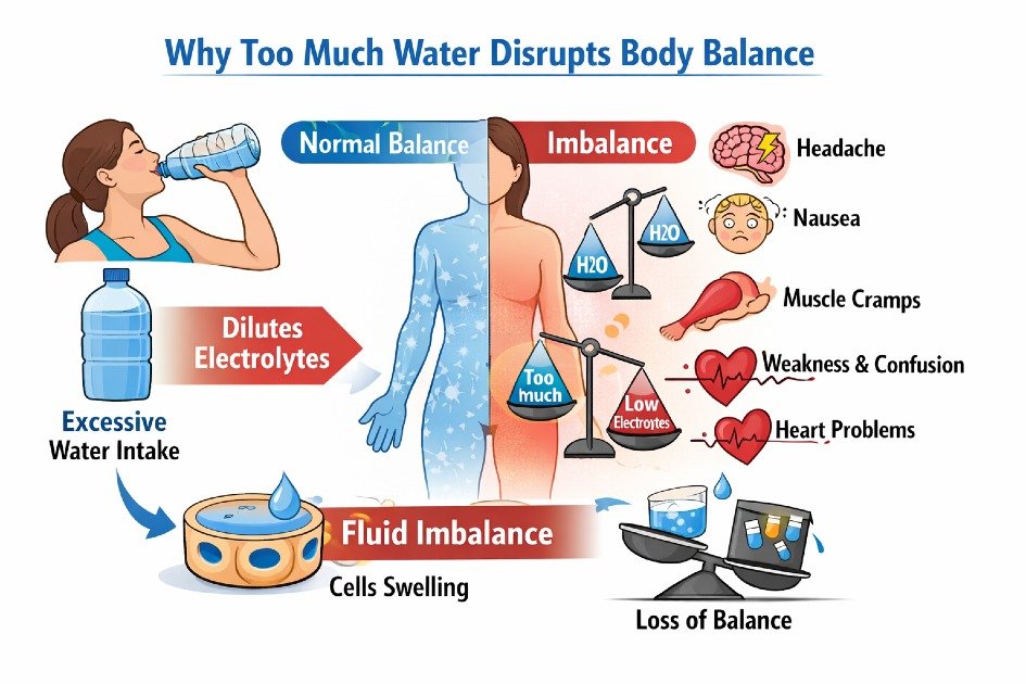 Drinking excessive water can dilute electrolytes and disrupt the body’s natural fluid balance