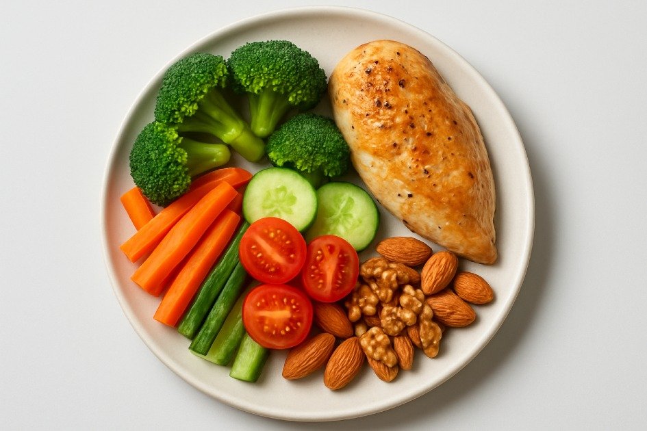 Healthy paleo diet plate with fresh vegetables, lean protein, and nuts for balanced nutrition.