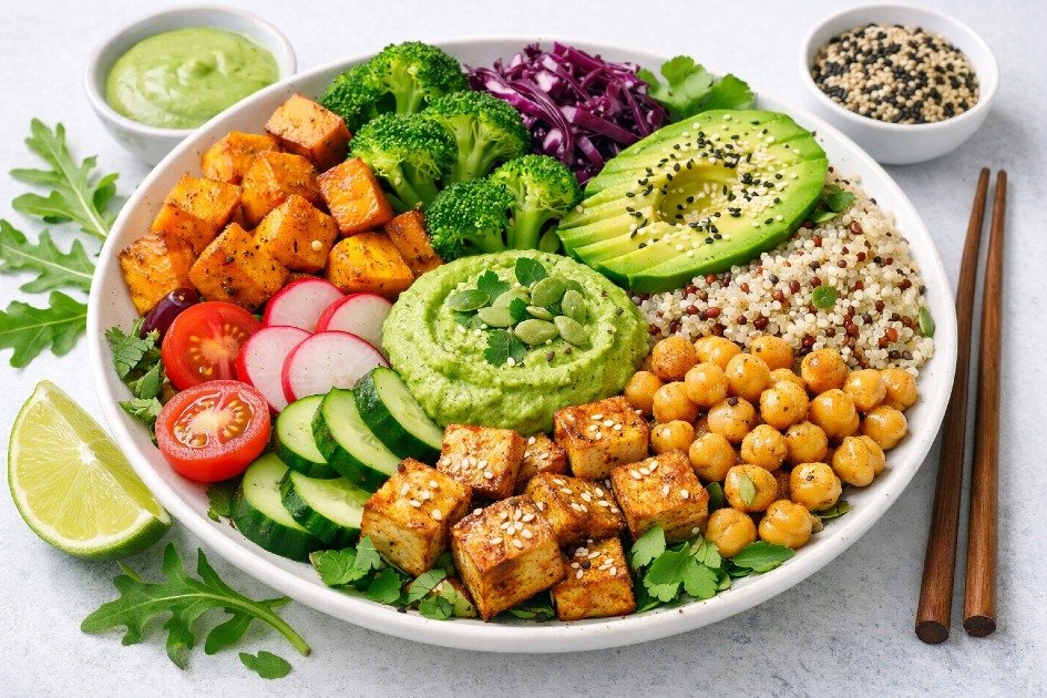 Colorful vegan meal with fresh vegetables and plant-based protein highlighting a healthy vegan lifestyle