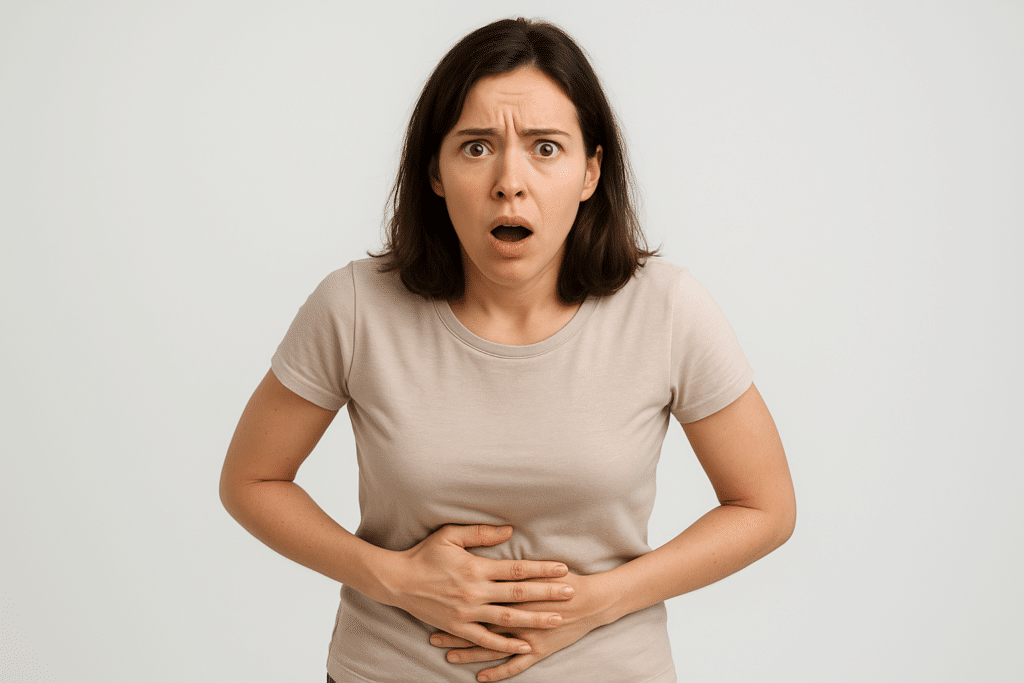 Surprised woman holding stomach, highlighting unexpected digestive problems