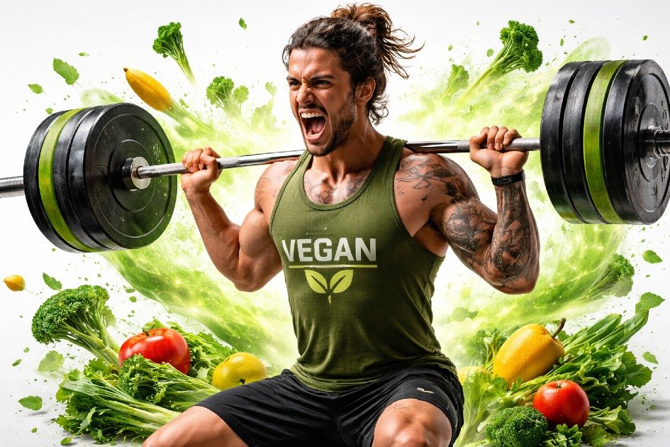 Vegan athlete lifting weights with energy and strength