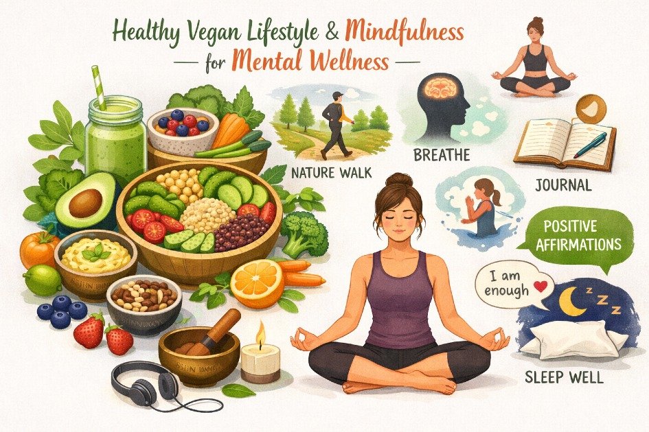 Healthy vegan foods and mindfulness practices promoting mental wellness