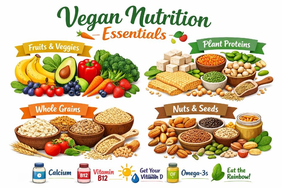 Vegan nutrition essentials with colorful fruits, vegetables, legumes, and plant-based protein sources