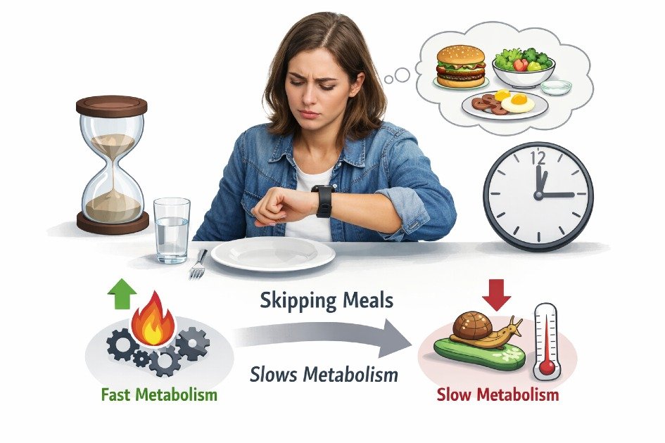 Person skipping meals while checking the time, illustrating how disciplined eating patterns can unintentionally slow metabolism