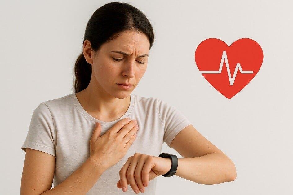 Woman checking heart rate, highlighting hidden heart health risks