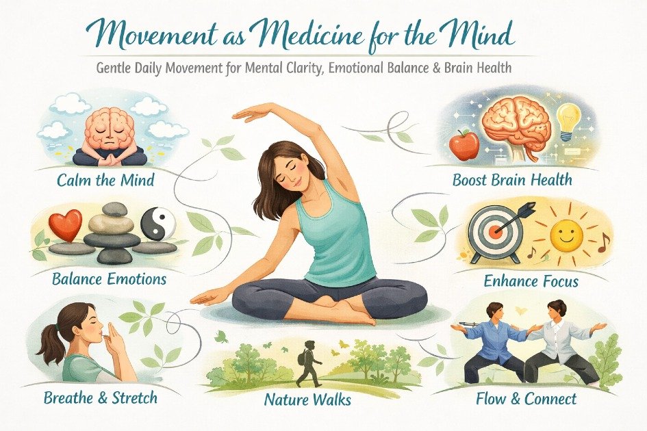 Gentle daily movement supporting mental clarity, emotional balance, and brain health
