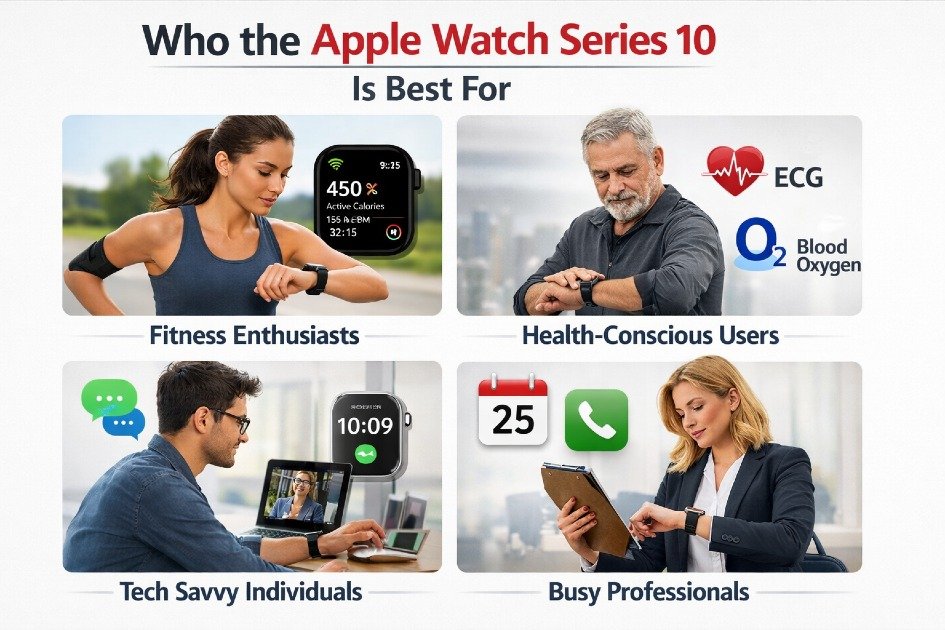 Apple Watch Series 10 on wrist highlighting ideal users for fitness, productivity, and health monitoring