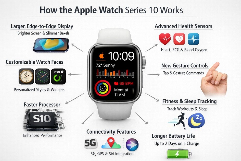 Apple Watch Series 10 on wrist displaying health and connectivity features