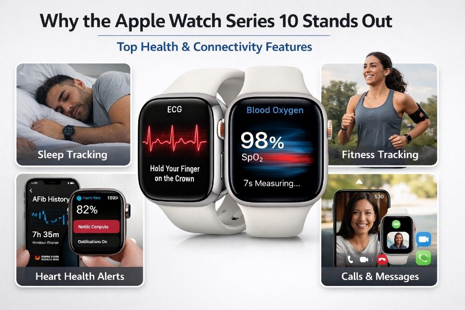 Sleek Apple Watch Series 10 highlighting health, fitness, and connectivity features.