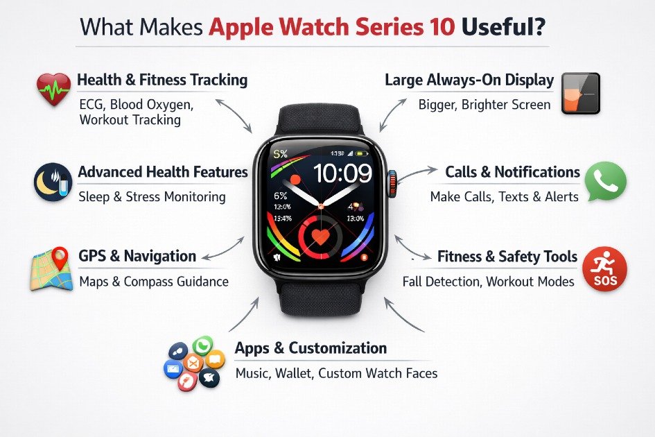 Apple Watch Series 10 displaying health and connectivity features on wrist