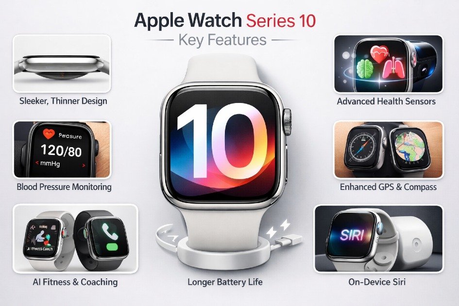 Key features of the Apple Watch Series 10 showing advanced health tracking, fitness monitoring, and smart connectivity in a sleek smartwatch design.