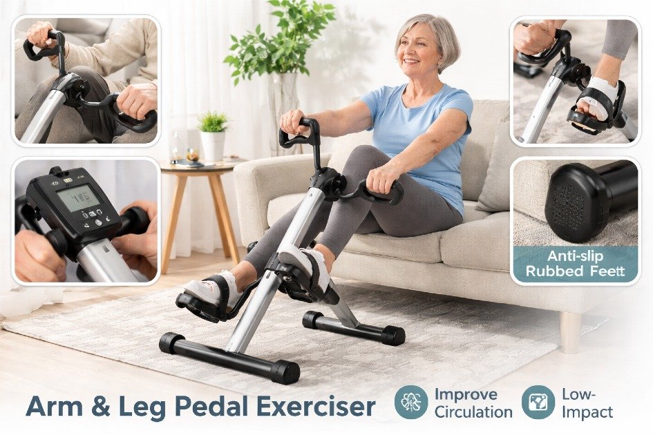 Arm and leg pedal exerciser used at home to improve circulation and low-impact fitness