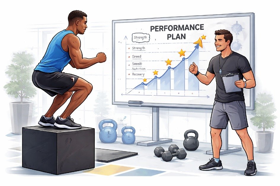 Athlete performing structured training with a coach, symbolizing a growth plan for peak performance.
