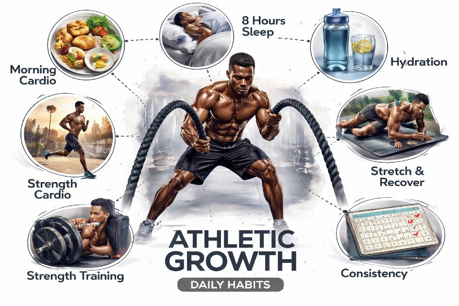 Athlete performing focused training, showcasing daily habits that boost strength and endurance.