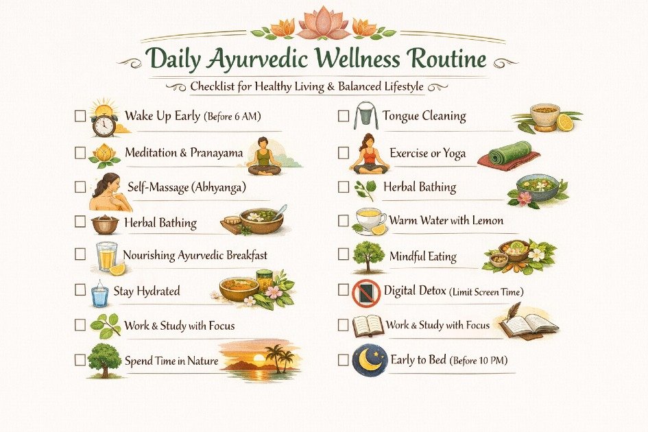 Daily Ayurvedic wellness routine checklist for healthy living and balanced lifestyle