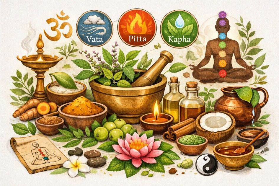 Illustration of Ayurvedic herbs, oils, and wellness symbols representing holistic health principles