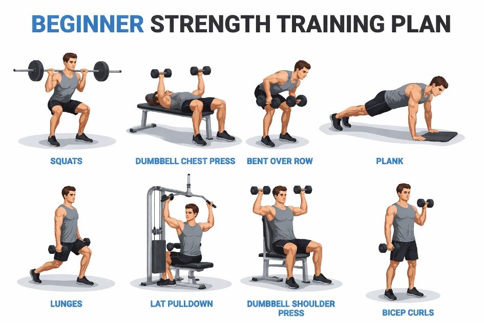Beginner performing strength training exercises with proper form for muscle growth and fitness.