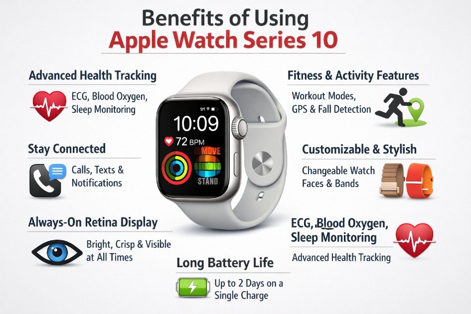 Health tracking and smart connectivity benefits of Apple Watch Series 10 on a modern smartwatch display