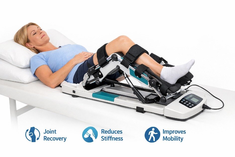 Continuous Passive Motion machine gently moving a patient’s knee joint to support recovery, reduce stiffness, and improve post-surgery mobility.