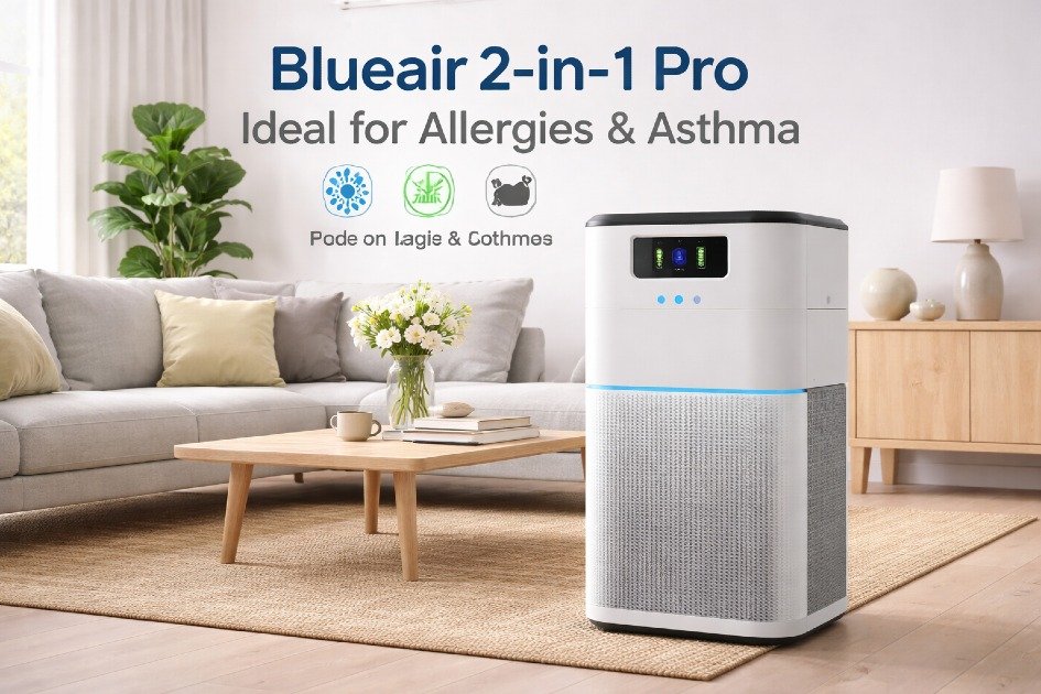 Blueair 2-in-1 Pro air purifier in a modern living room, ideal for allergy and asthma sufferers