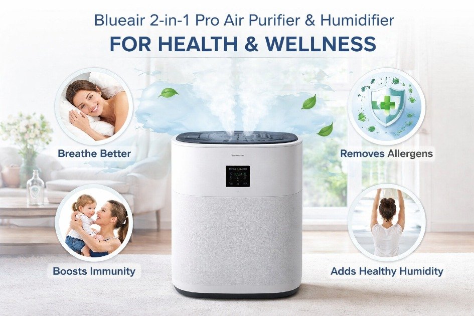 Blueair 2-in-1 Pro air purifier and humidifier improving indoor air quality for health and wellness.