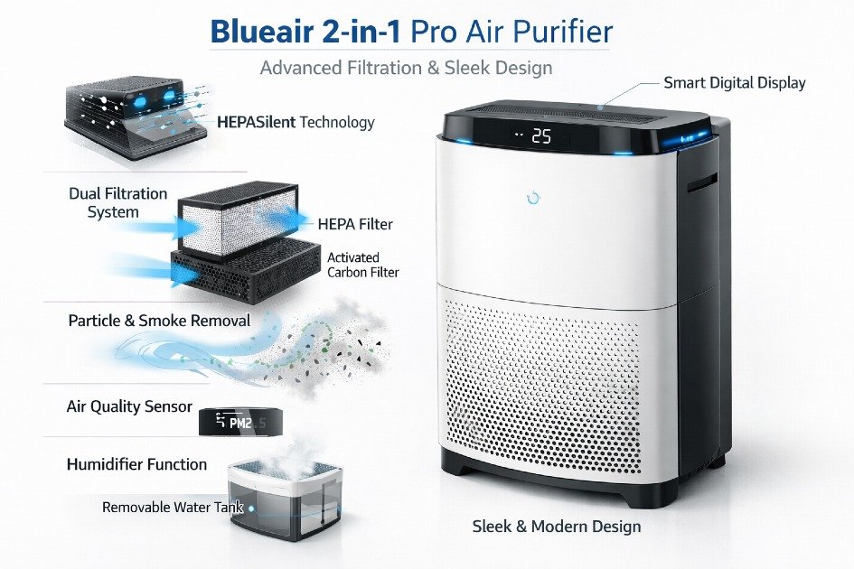 Blueair 2-in-1 Pro air purifier showing advanced filtration and sleek design for home and office