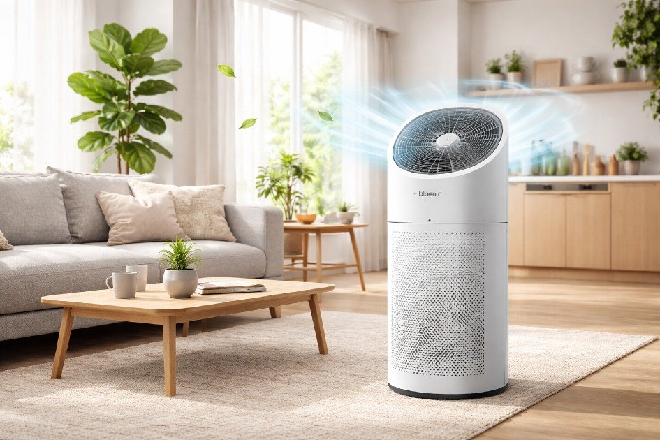 Blueair 2-in-1 Pro air purifier and fan improving indoor air quality in a modern home