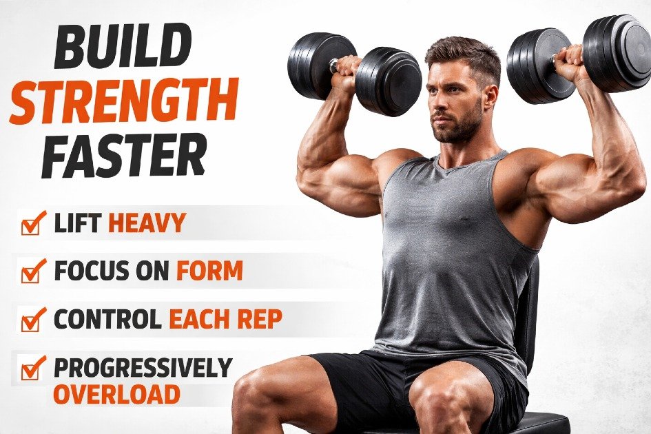 Man lifting heavy dumbbells with proper form to build strength faster