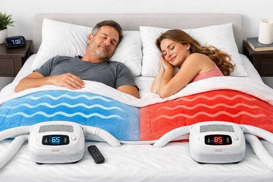 Chilipad sleep system on a bed showing ideal users enjoying temperature-controlled comfort
