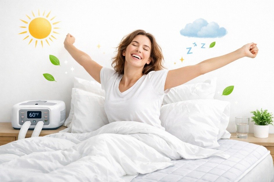 Person waking up refreshed after using ChiliPad Cube cooling mattress pad