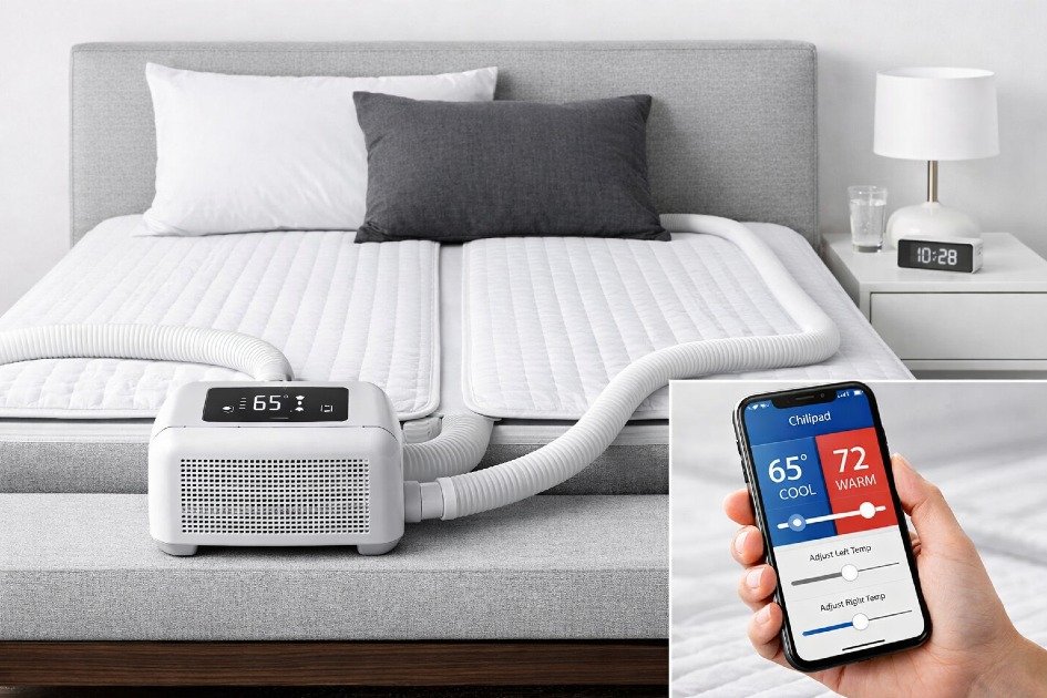 Chilipad Cube smart mattress cooling system on a modern bed, highlighting sleek design and sleep technology