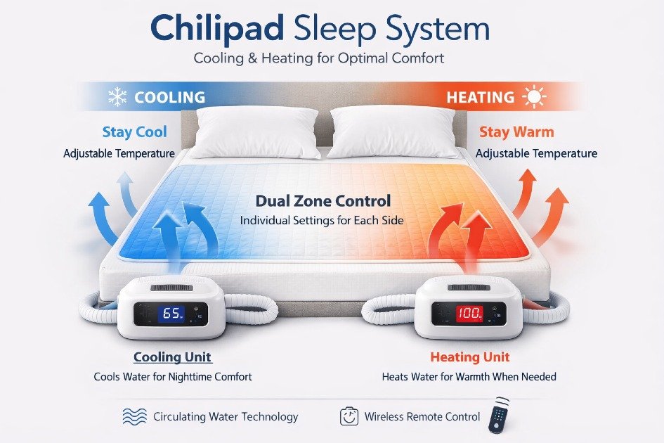 Chilipad sleep system on a bed highlighting cooling and heating features for optimal comfort