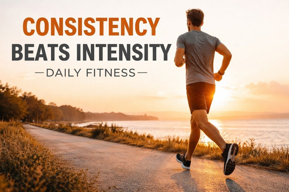 Person jogging at sunrise, symbolizing daily consistency over sporadic intense workouts.
