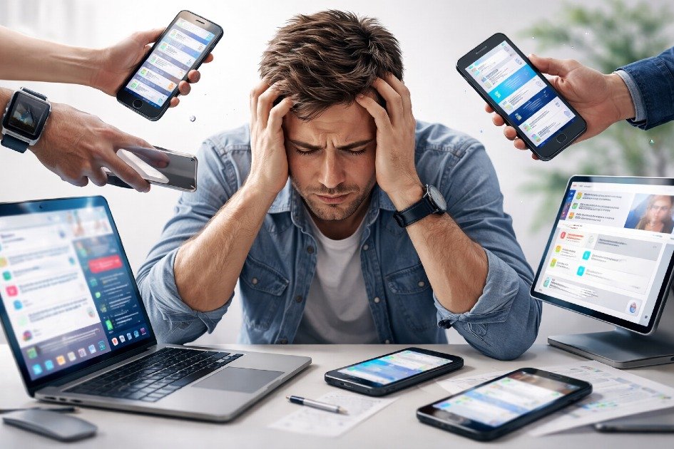 Person overwhelmed by multiple digital devices, illustrating constant digital overload and screen fatigue.