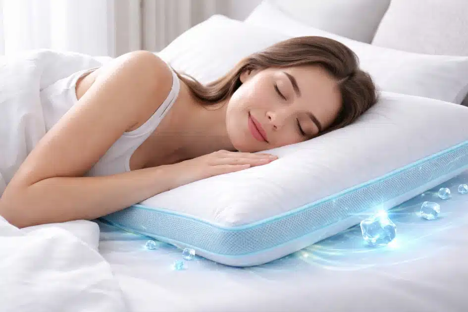 Cooling pillow on a bed with a person sleeping peacefully, highlighting temperature-regulating comfort.
