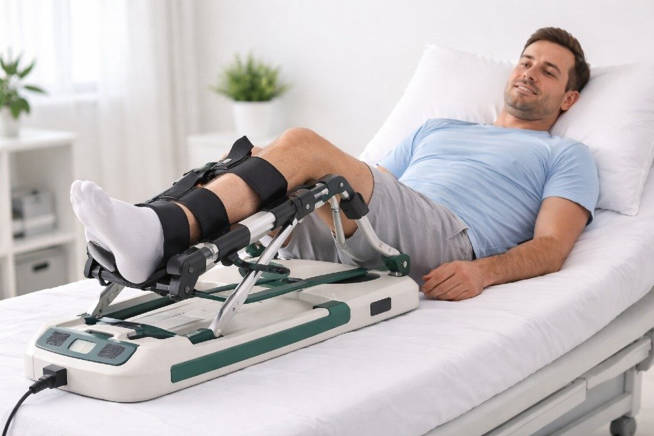 Continuous Passive Motion machine gently moving a patient’s knee joint during post-surgery rehabilitation therapy