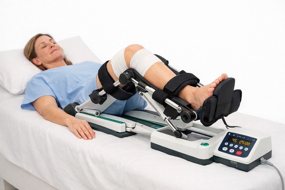 Continuous passive motion machine gently moving a patient’s knee to support post-surgery joint recovery and mobility rehabilitation.