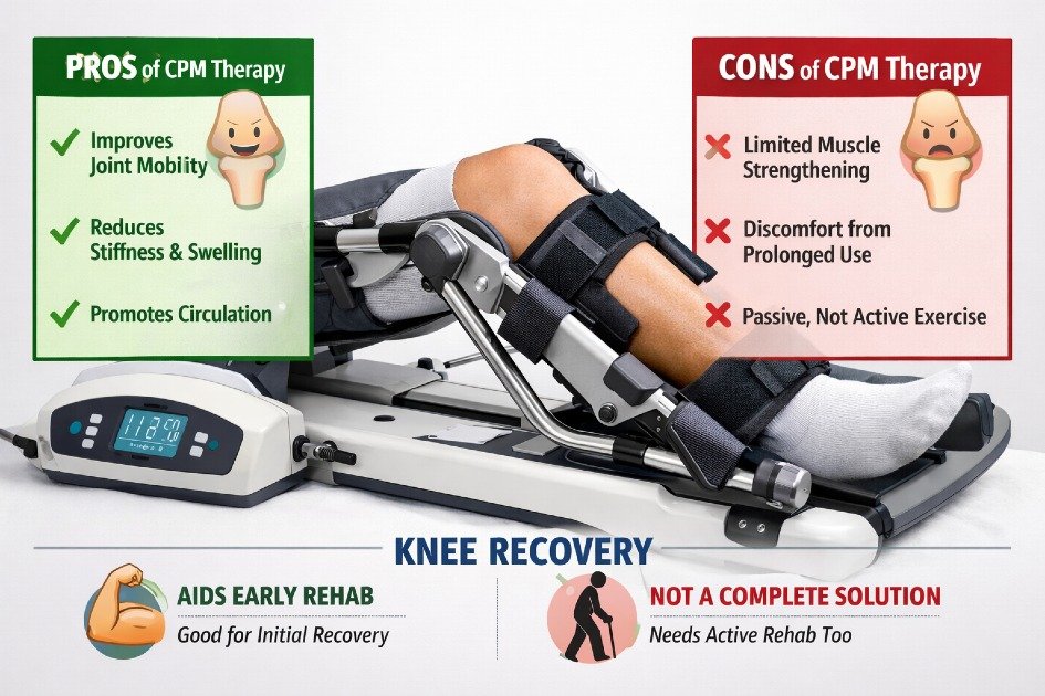 Close-up of a Continuous Passive Motion (CPM) machine in use, highlighting benefits and limitations for knee recovery