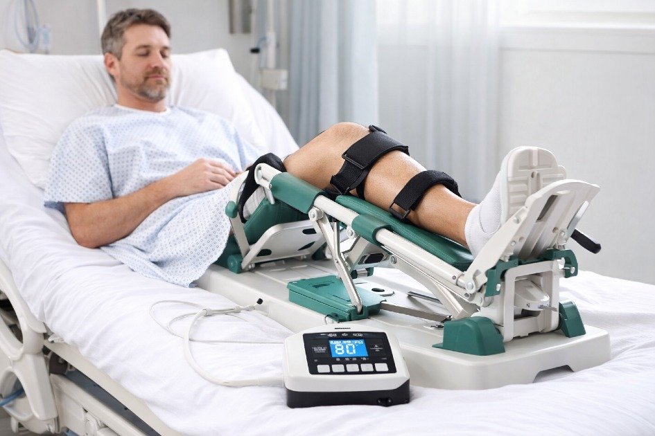 Patient using a continuous passive motion machine for post-surgery knee recovery therapy